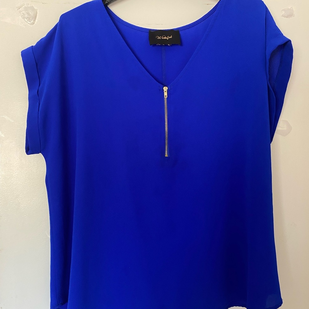 Blue V-Neck Blouse with Silver Zipper and Short Sleeves